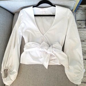 White Balloon Sleeve Wrap Tie Shirt/ Blouse